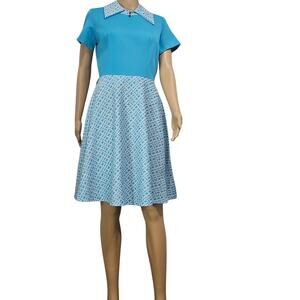 1960s Blue Print Fold Down Collar Short Sleeve Retro A Line Dress Size 14